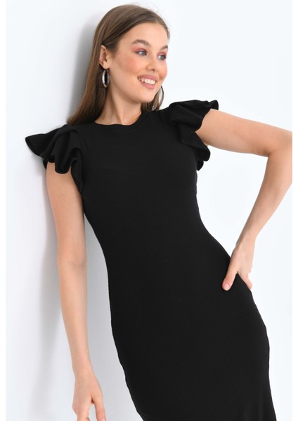 Kadın Siyah Bisiklet Yaka Kolları Fırfırlı Fitilli Esnek Midi Örme Elbise fiyatları