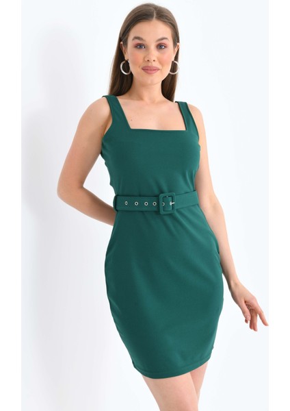 Kadın Yeşil Kare Yaka Kemer Detaylı Mini Krep Kumaş Elbise fiyatları