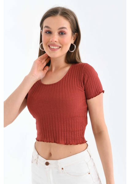 Kadın Kiremit Fitilli Vücuda Oturan Havuz Yaka Crop Örme Bluz