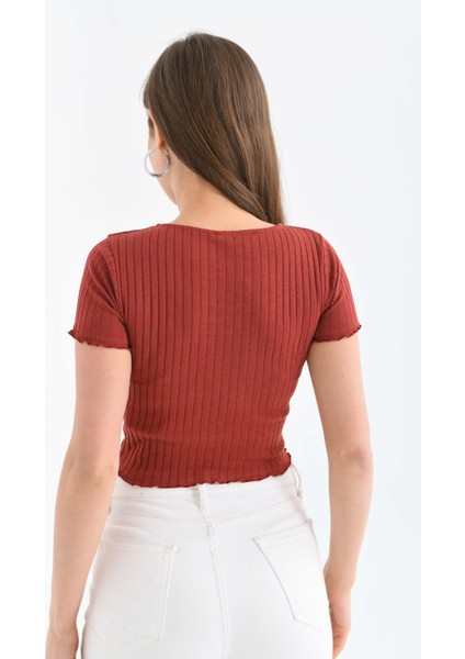 Kadın Kiremit Fitilli Vücuda Oturan Havuz Yaka Crop Örme Bluz fırsatları