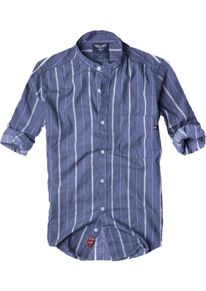 Slim Fit Saf Pamuk Kumaş Hakim Yaka Uzun Kol Gömlek-çizgili Koyu Mavi-