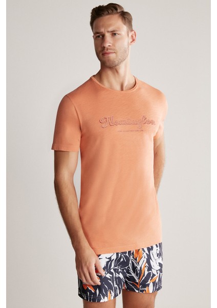 Nakış Logolu Bisiklet Yaka Turuncu Pamuk T-Shirt