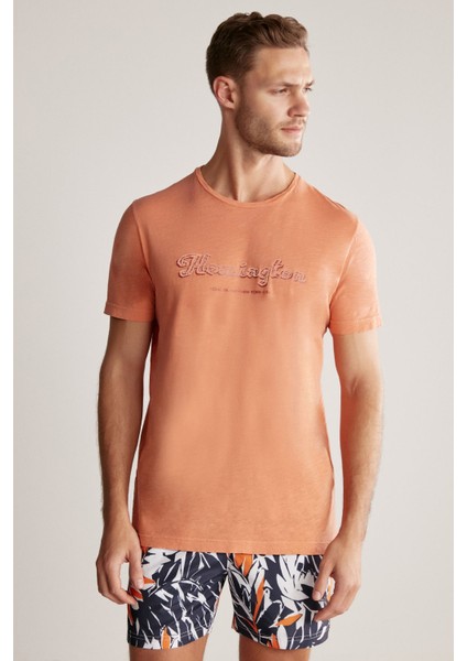 Nakış Logolu Bisiklet Yaka Turuncu Pamuk T-Shirt