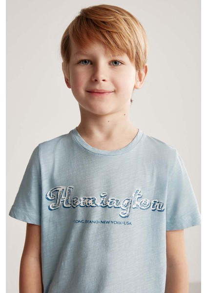 Nakış Logolu Bisiklet Yaka Mavi Pamuk Çocuk T-Shirt