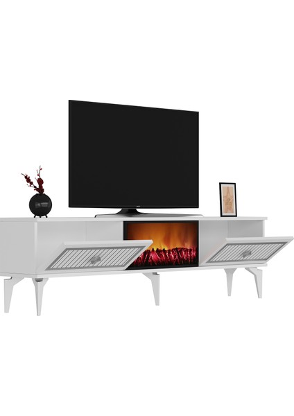 Flame Şömineli Tv Sehpası-Ünitesi Beyaz-Gümüş modelleri