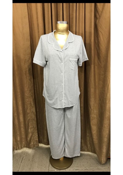 NENA-24073-BAYAN Kısa Kollu Önden Açık Pijama Takımı-Gri