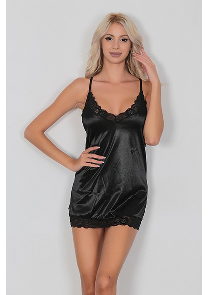 Kadın Siyah Dantel Detaylı Kombinezon Gecelik Seksi Kostüm