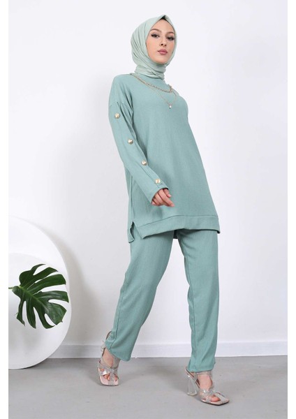 Mint Kolyeli Kolları Düğmeli Tunik Pantolon Takım