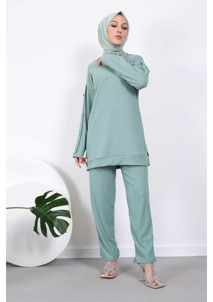 Mint Kolyeli Kolları Düğmeli Tunik Pantolon Takım