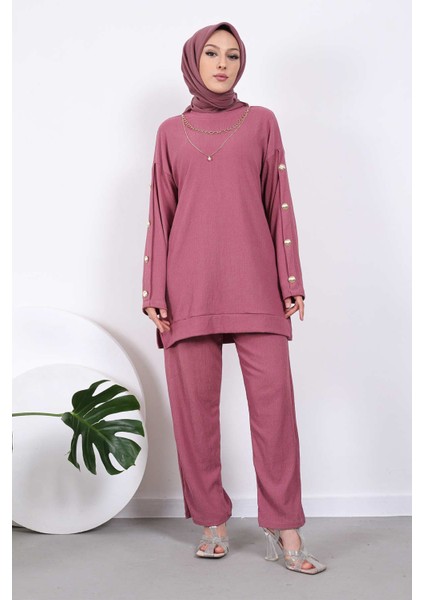 Gül Kurusu Kolyeli Kolları Düğmeli Tunik Pantolon Takım