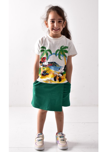 Kız Çocuk Baskılı T-Shirt Şort-Etek Takımı