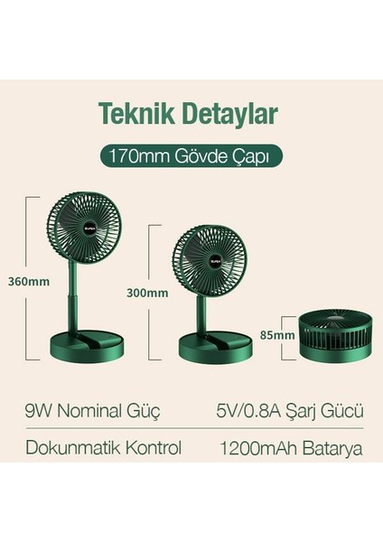 1200MAH Dokunmatik Ultra Hızlı ve Sessiz Masaüstü Vantilatör, Katlanabilir, Portatif, Taşınabilir Fan