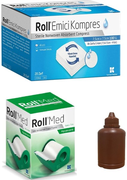 Steril Nonwowen Emici Kompres 7,5 x 7,5 cm 100 Adet + Tıbbi Kağıt Flaster 5 cm x 5 mt +Batikon