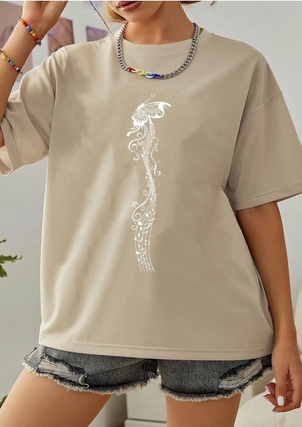 Büyük Beden Özel Tasarım Kelebek Notası Baskılı %100 Pamuk Oversize Kadın T-Shırt