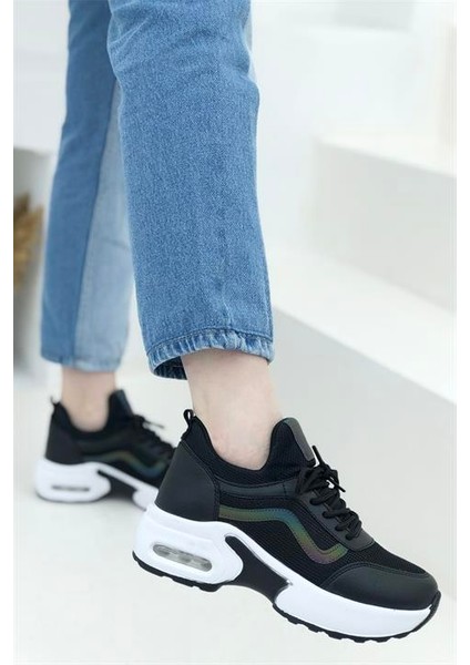 1657 Anatomik Air Tabanlı Bayan Sneakers Ayakkabı - NKT01657-SIYAH Beyaz-36