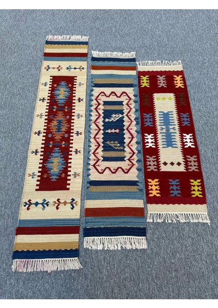 El Dokuma Dekoratif Kilim Seti 3 Adet Renkli %100 Yün Kilim