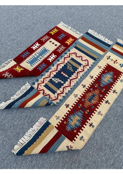 El Dokuma Dekoratif Kilim Seti 3 Adet Renkli %100 Yün Kilim