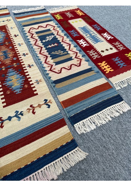 El Dokuma Dekoratif Kilim Seti 3 Adet Renkli %100 Yün Kilim