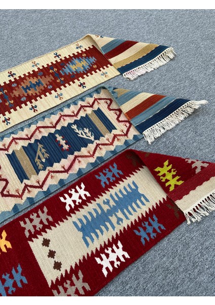 El Dokuma Dekoratif Kilim Seti 3 Adet Renkli %100 Yün Kilim