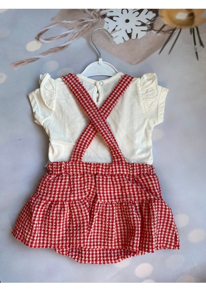 Kız Bebek Pötikareli Ekoseli T-Shirt ve Askılı Şort Etek Takım modelleri