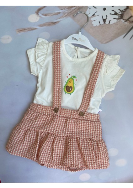 Kız Bebek Pötikareli Ekoseli T-Shirt ve Askılı Şort Etek Takım