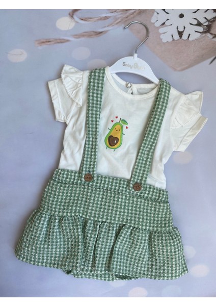 Kız Bebek Pötikareli Ekoseli T-Shirt ve Askılı Şort Etek Takım