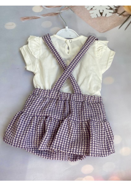 Kız Bebek Pötikareli Ekoseli T-Shirt ve Askılı Şort Etek Takım modelleri