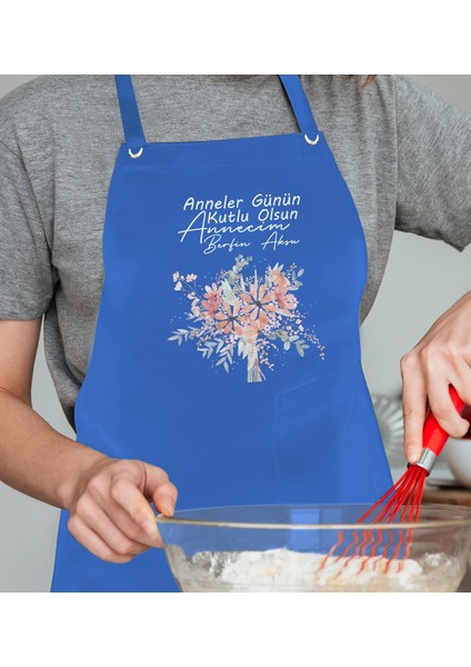 Kişiye Özel Isimli Anneler Günü Tasarımlı Profesyonel Mavi Mutfak Önlüğü, Aşçı Önlüğü, Şef Önlüğü, Anneye Hediye-19