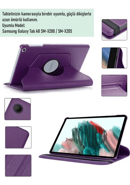 Samsung Galaxy Tab A8 X200 X205 Uyumlu Mor Tablet Kılıfı Dönebilen Standlı Suni Deri 10.5 Inç