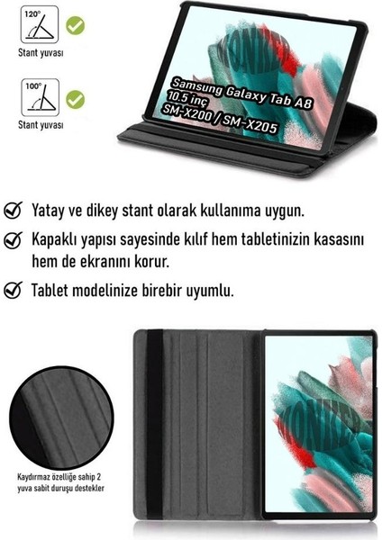 Samsung Galaxy Tab A8 X200 X205 Uyumlu Siyah Tablet Kılıfı Dönebilen Standlı Suni Deri 10.5 Inç