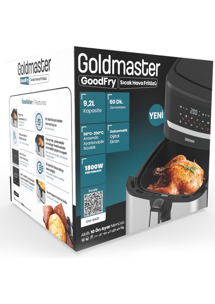 Goodfry 1800W 9,2 Litre 3xl Dev Hazneli Dokunmatik 10 Ön Ayarlı Airfryer Yağsız Sıcak Hava Fritözü