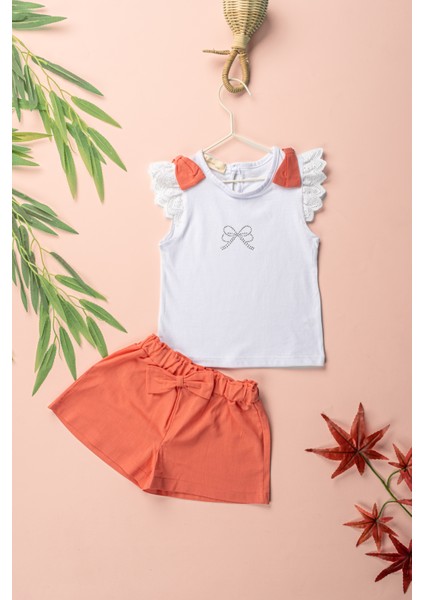 Fiyonklu Fisto Kollu Taş Baskılı Tshirt Fiyonklu Şort Kız Çocuk 2'li Takım - 2-5 Yaş - 2304