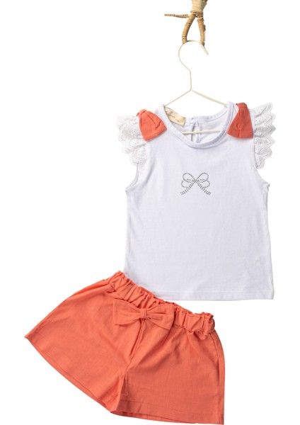 Fiyonklu Fisto Kollu Taş Baskılı Tshirt Fiyonklu Şort Kız Çocuk 2'li Takım - 2-5 Yaş - 2304 modelleri