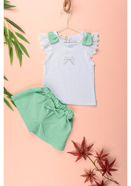 Fiyonklu Fisto Kollu Taş Baskılı Tshirt Fiyonklu Şort Kız Çocuk 2'li Takım - 2-5 Yaş - 2304 modelleri