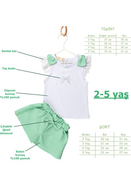 Fiyonklu Fisto Kollu Taş Baskılı Tshirt Fiyonklu Şort Kız Çocuk 2'li Takım - 2-5 Yaş - 2304 fırsatları