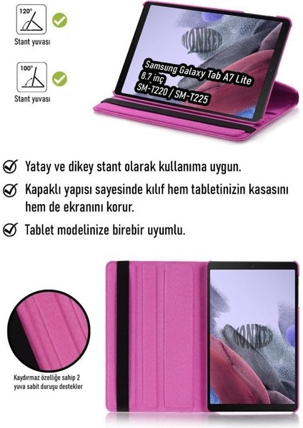Samsung Galaxy Tab A7 Lite T220 T225 Uyumlu 8.7 Inç Pembe Tablet Kılıfı Dönerli Standlı Suni Deri