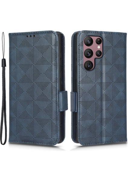 Samsung Galaxy S23 Için Ultra Anti-Fingerprint Baskılı Üçgen Desen Telefon Kapağı Pu Deri Cüzdan Stand Cep Telefonu Kasası Bilek Kayışı ile (Yurt Dışından)