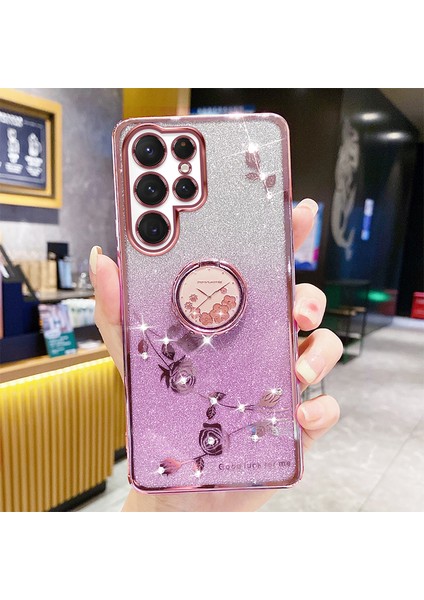 Kadem Çiçek Deseni Telefon Vaka Kickstand Samsung Galaxy S23 Ultra, Rhinestone Dekor Kazanmaya Dayanıklı Gradient Parıltılı Telefon Geri Kapak Golü Altın (Yurt Dışından)