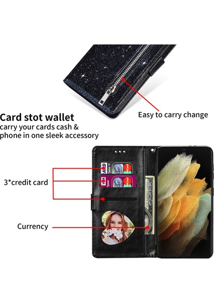Samsung Galaxy S23 Ultra, Fermuar Cep Cüzdanı Standı Manyetik Toka Pu Deri Cep Telefonu Kapağı Için Işıltılı Telefon Kılıfı (Yurt Dışından)