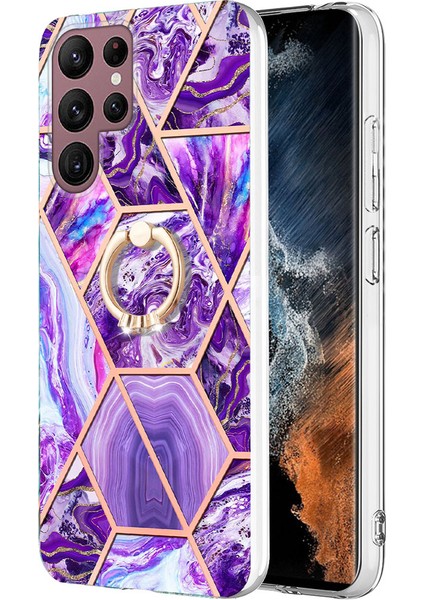 Samsung Galaxy S23 Için Ultra Yüzük Kickstand Telefon Kasası Elektrokaplama Birleştirme Mermer Desen Imd Tpu Koruyucu Kapak (Yurt Dışından)