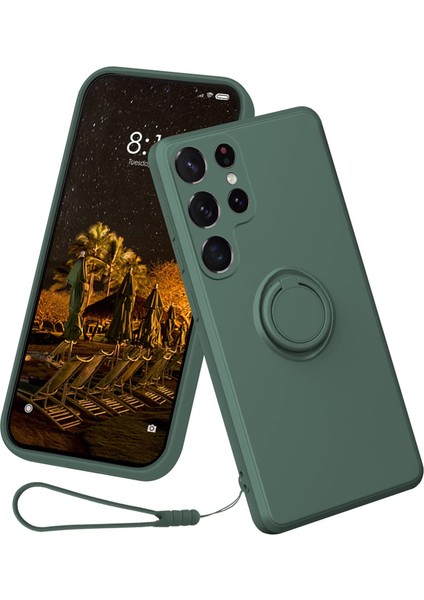 Samsung Galaxy S23 Ultra Yüzük Kickstand Sıvı Silikon Koruyucu Telefon Kapağı Lanyard ile Cep Telefonu Kılıfı (Yurt Dışından)