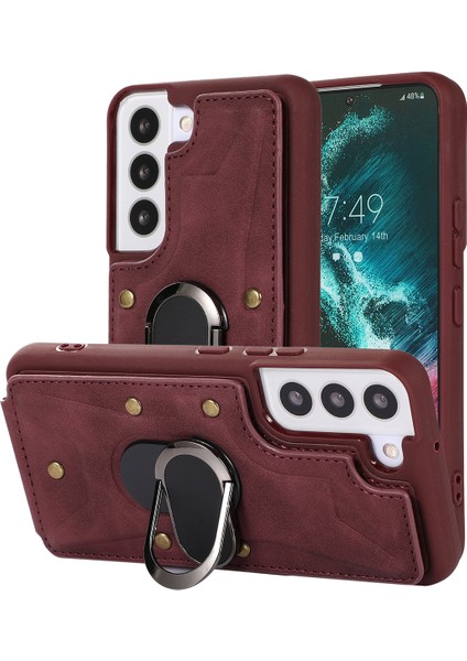 Samsung Galaxy S23 Için Plus Rotary Ring Kickstand Telefon Kılıf Kart Yuvaları Deri Kaplamalı Tpu Kapak (Yurt Dışından)