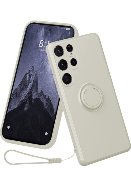 Samsung Galaxy S23 Ultra Yüzük Kickstand Sıvı Silikon Koruyucu Telefon Kapağı Lanyard ile Cep Telefonu Kılıfı (Yurt Dışından)