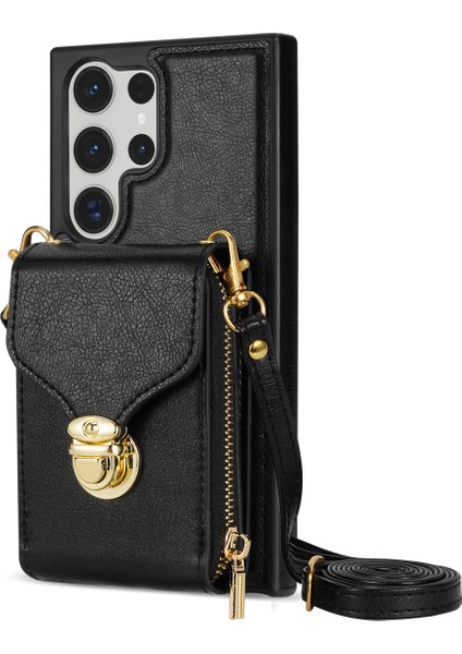 Samsung Galaxy S23 Için Ultra Crossbody Card Tutucu Kickstand Case Pu Deri Kaplamalı Tpu Zipper Telefon Kapağı (Yurt Dışından)