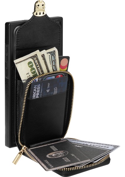 Samsung Galaxy S23 Için Ultra Crossbody Card Tutucu Kickstand Case Pu Deri Kaplamalı Tpu Zipper Telefon Kapağı (Yurt Dışından)