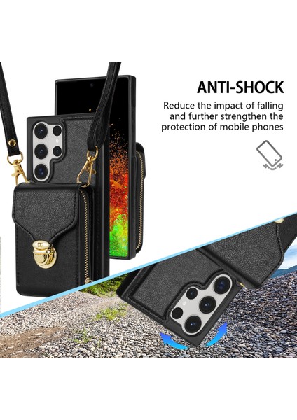 Samsung Galaxy S23 Için Ultra Crossbody Card Tutucu Kickstand Case Pu Deri Kaplamalı Tpu Zipper Telefon Kapağı (Yurt Dışından)