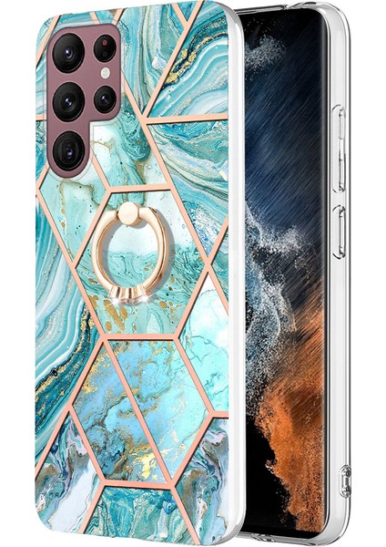 Samsung Galaxy S23 Için Ultra Yüzük Kickstand Telefon Kasası Elektrokaplama Birleştirme Mermer Desen Imd Tpu Koruyucu Kapak (Yurt Dışından)