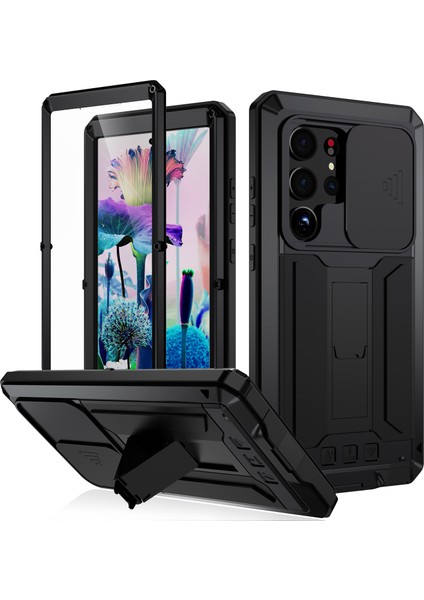 Samsung Galaxy S23 Ultra Slayt Kamera Lid Pc+Silikon+Metal Telefon Önleyici Kılıf Kılıfı Gizli Kickstand Arka Kapak Temsil Edilmiş Cam Ekran Koruyucu (Yurt Dışından)