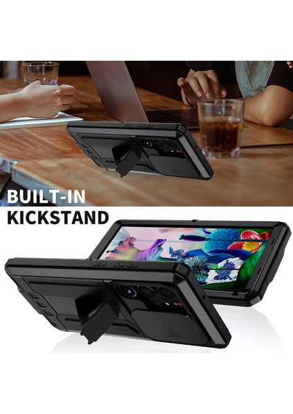 Samsung Galaxy S23 Ultra Slayt Kamera Lid Pc+Silikon+Metal Telefon Önleyici Kılıf Kılıfı Gizli Kickstand Arka Kapak Temsil Edilmiş Cam Ekran Koruyucu (Yurt Dışından) fiyatları