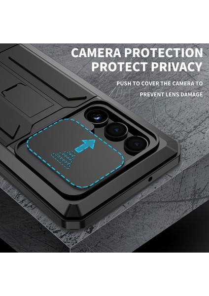 Samsung Galaxy S23 Ultra Slayt Kamera Lid Pc+Silikon+Metal Telefon Önleyici Kılıf Kılıfı Gizli Kickstand Arka Kapak Temsil Edilmiş Cam Ekran Koruyucu (Yurt Dışından) modelleri